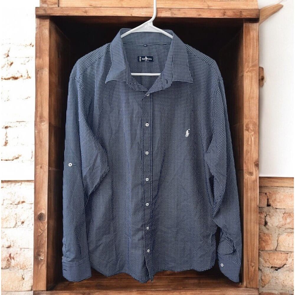 Ralph Lauren Mens Checkered Long Sleeve Button Down SIZE XXL‎ Navy Blue